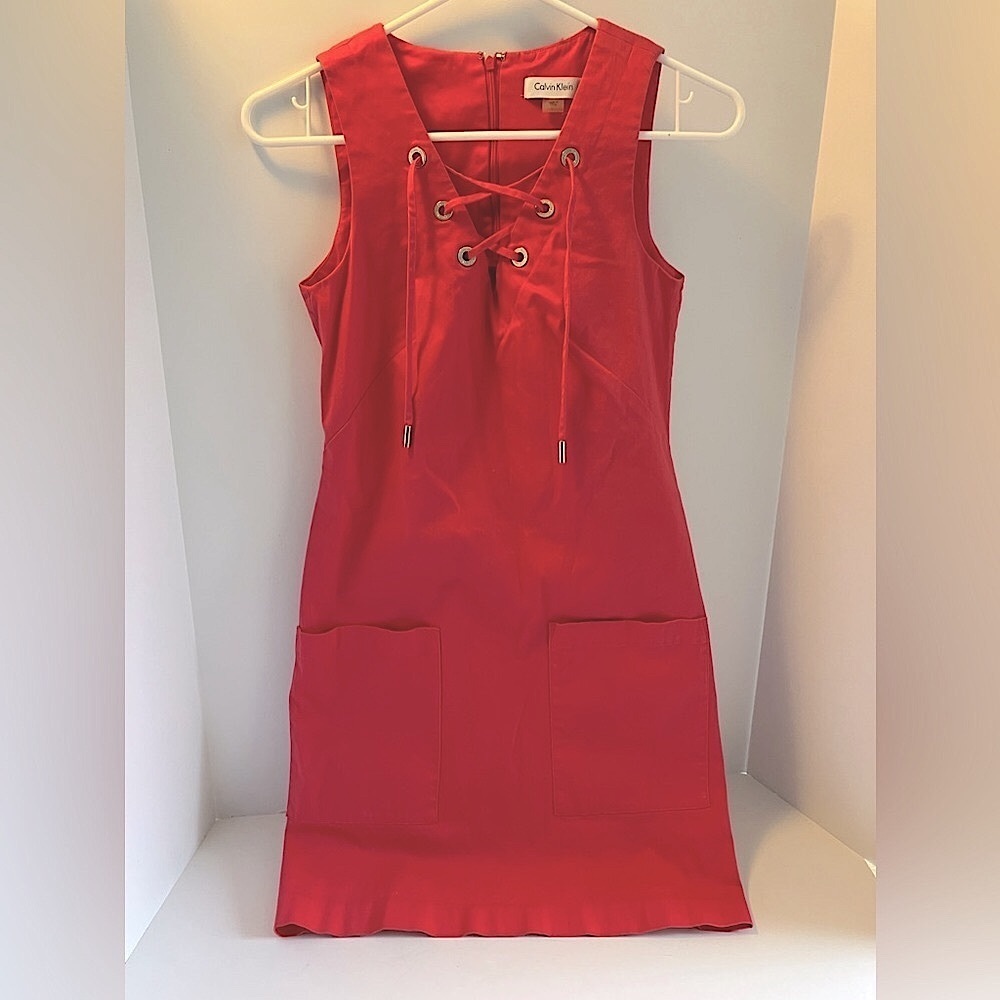 Women’s Sleeveless Shift Dress, Size 2, Pink, Lace Up Bodice, Calvin Klein